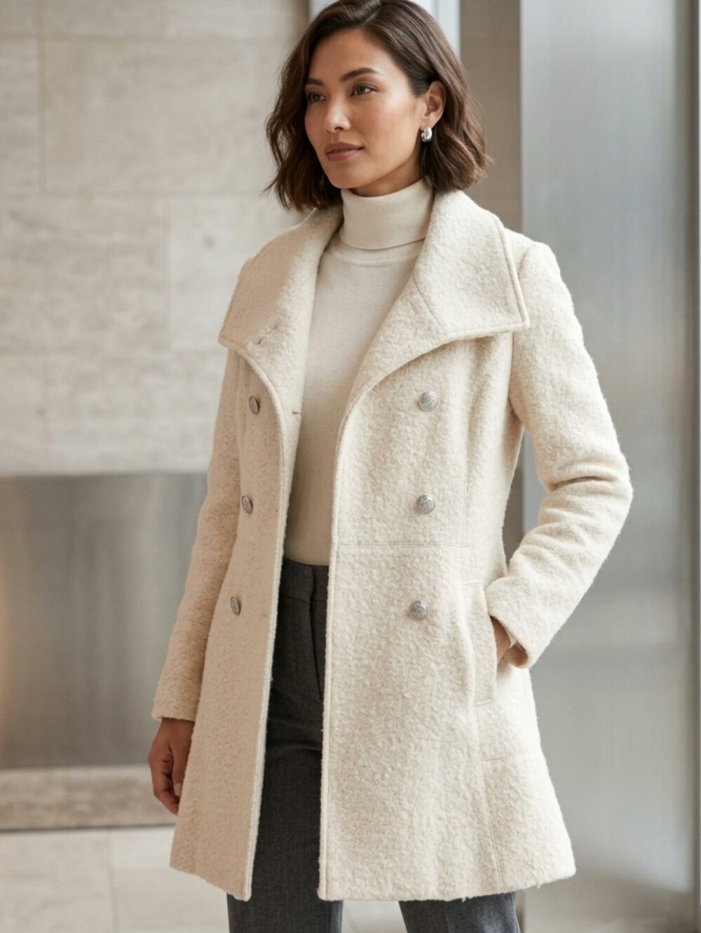 GUESS Cream Double-Breasted Wool Blend Peacoat Jacket – Women's Size XL
